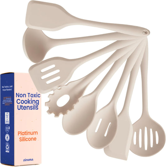 Skiennix Non-Toxic Silicone Kitchen Utensil Set - 8-Piece Non-Scratch Cooking Tools, Heat Resistant 500°F, Beige