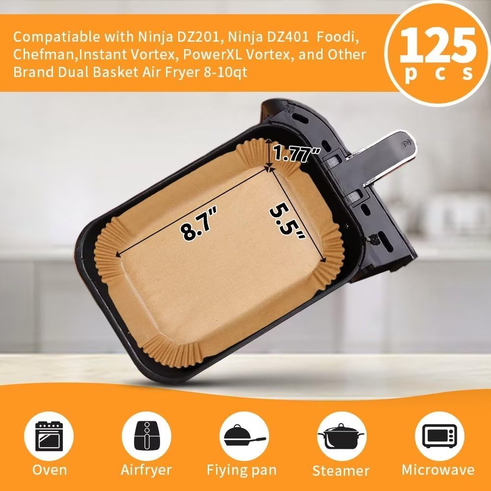Ninja Air Fryer Liners - Disposable Parchment Paper for Dual Basket | 125pcs 8.7x5.5" Size