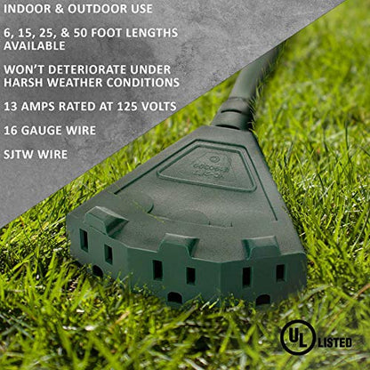 Green 25-Foot Heavy Duty Outdoor Indoor Extension Cord with 3 Prong Splitter