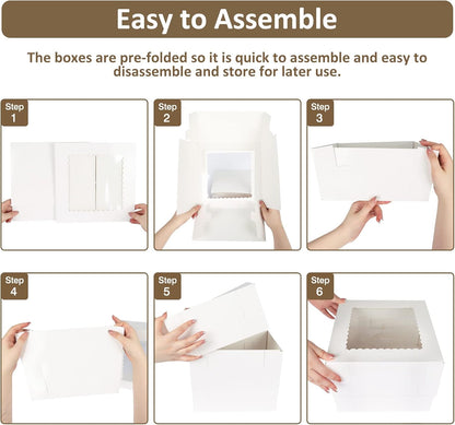 Moretoes Cake Boxes - 20pcs White Bakery Boxes with Window | 10x10x8 Inches for Pastries & Desserts