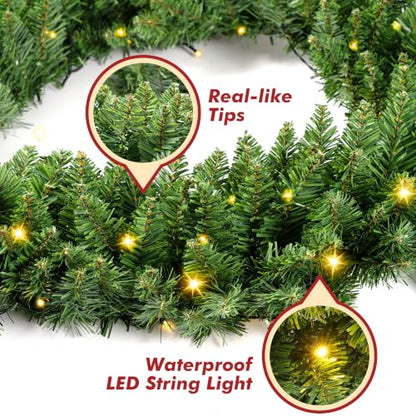 9FT Prelit Christmas Garland with Battery Timer - Green Artificial Pine with LED Lights - Indoor Outdoor Holiday Decor - 1 Count