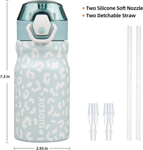 BJPKPK Insulated Water Bottle - 14oz Reusable Stainless Steel Flask with Straw & Leak-Proof Lid | Light Blue Leopard