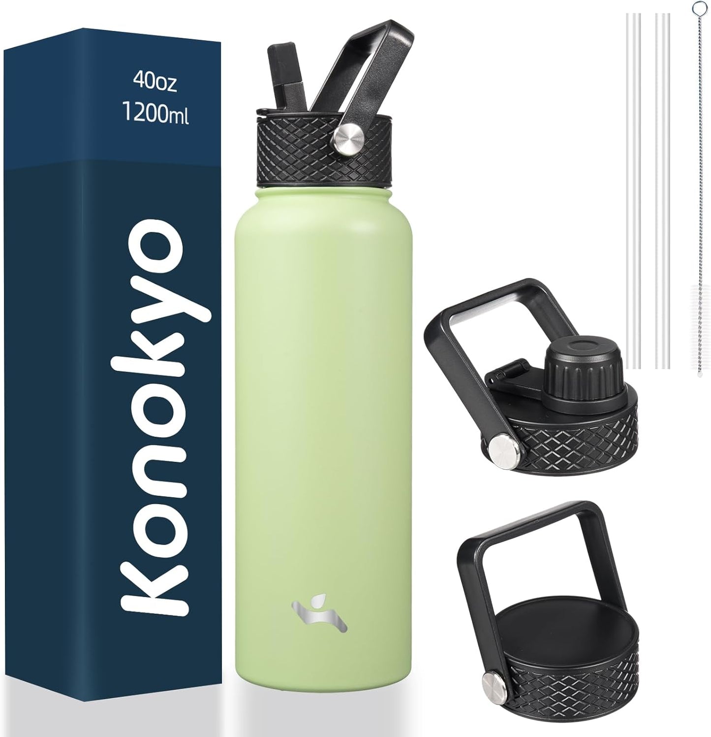 Skiennix 40oz Insulated Stainless Steel Water Bottle - Durable Sport Bottle with 3 Lids | Macaron Green