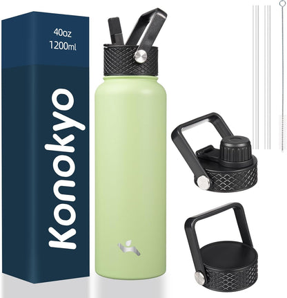 Skiennix 40oz Insulated Stainless Steel Water Bottle - Durable Sport Bottle with 3 Lids | Macaron Green
