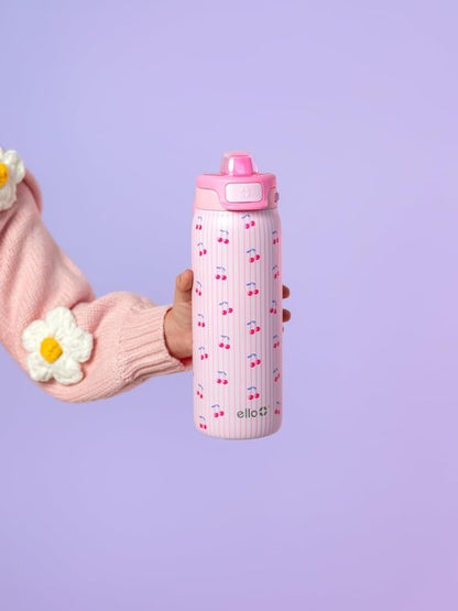 Ello Kids 12oz Pop & Fill Water Bottle - Quick Fill Lid, Double-Wall Insulated, Leak Proof, BPA Free | Preppy Cherries