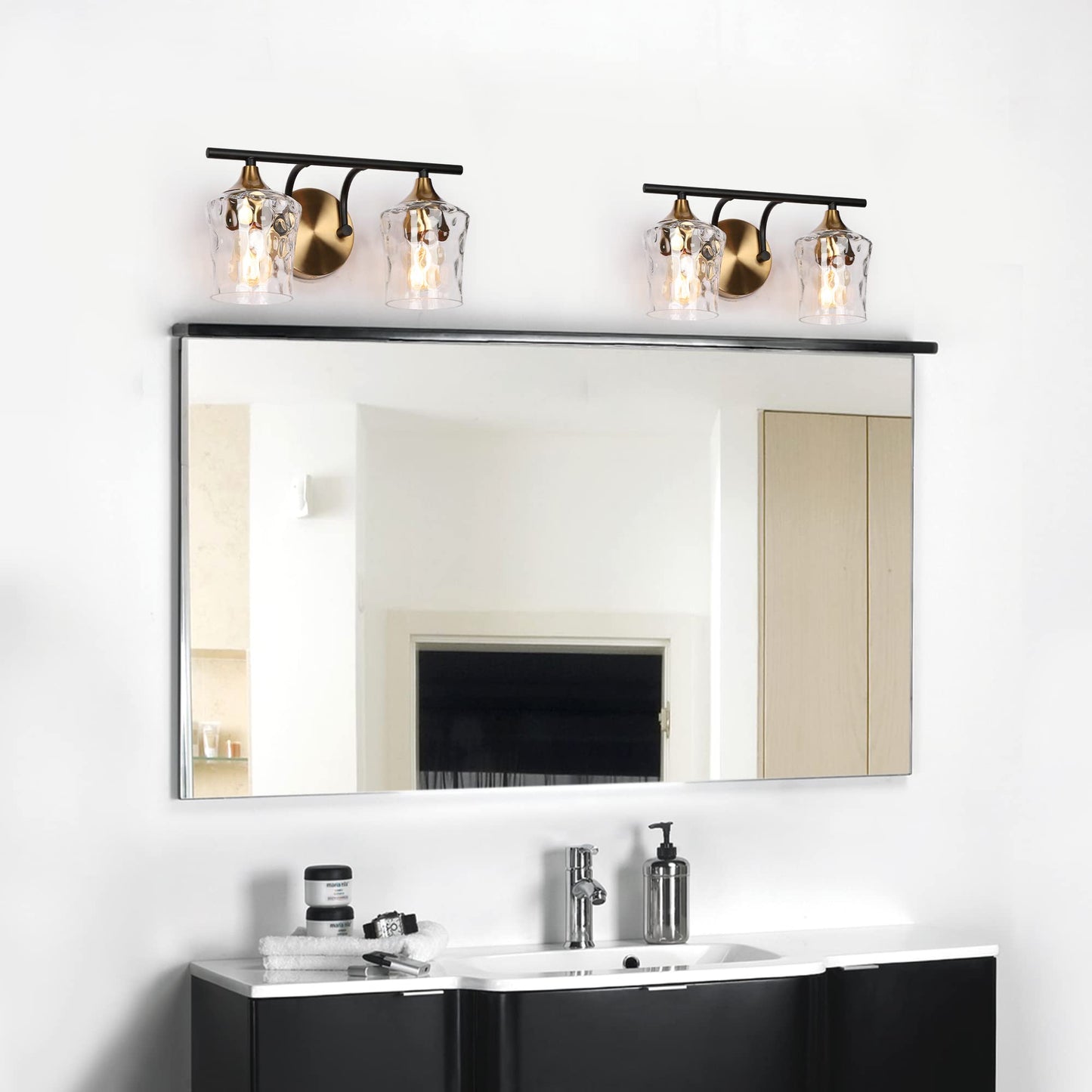 ZEVNI Bathroom Vanity Light, Black and Gold Vanity Light, 2-Light Bathroom Lights Over Mirror with Hammer Glass Shades