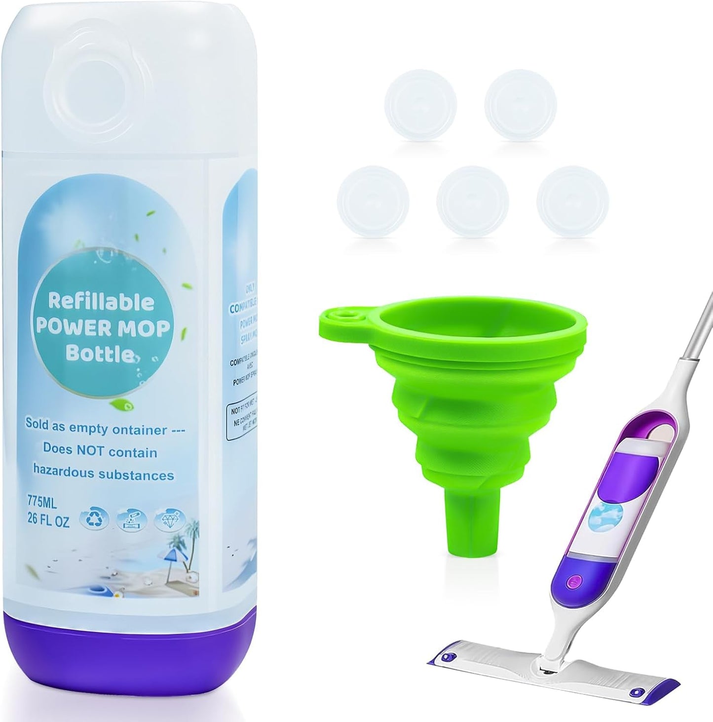 PowerMop Refillable Bottle - 26 FL OZ Leak-Proof HDPE Container with 5 Silicone Gaskets & Funnel
