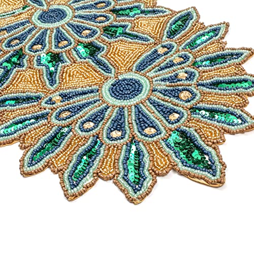 Hand Beaded Green Gold Glitz Table Runner 13x36 for Easter & Holidays - Homebia Designs
