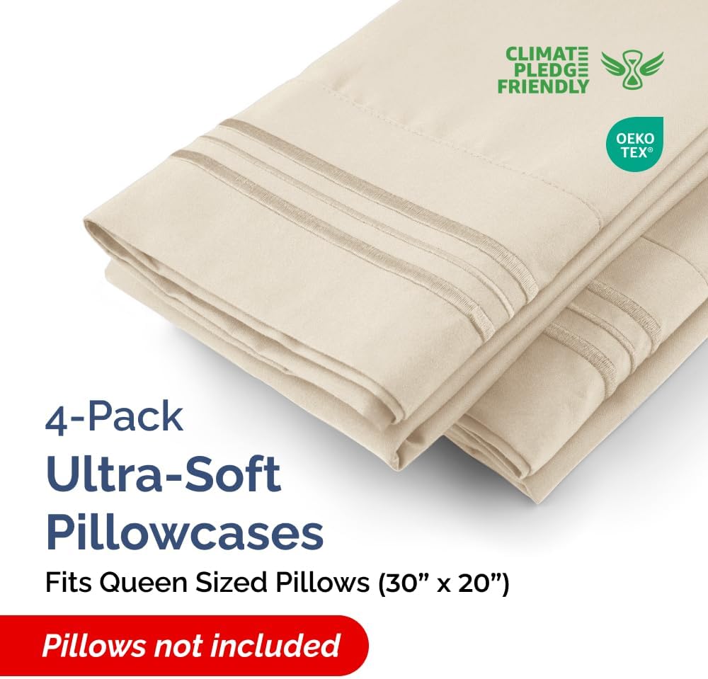 Skiennix Queen Pillow Cases Set of 4 - Ultra Soft Hotel Quality - Wrinkle Free & Stain Resistant - Wheat Color