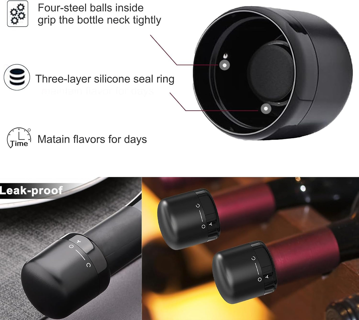 Wine Stopper 2-Pack, Silicone Sealed Wine Bottle Stopper, Twist-to-Seal Reusable Wine Sealer, Leak Proof Wine Toppers Stopper Keeps Wine Fresh, Black