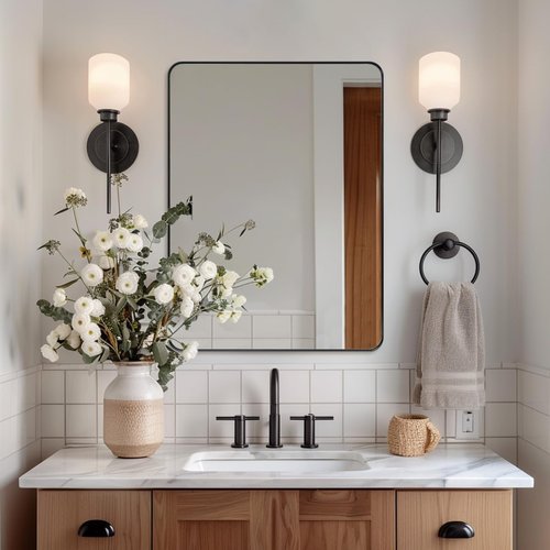 ANDY STAR Bathroom Wall Mirror - 24x36 Inch Black Stainless Steel Frame with Rounded Corners