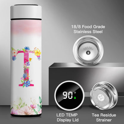 Personalized 16oz Initial Water Bottle,Smart Sport Water Bottle with LED Temperature Display,Customized Letter Coffee Thermos,Travel Coffee Mug (T)