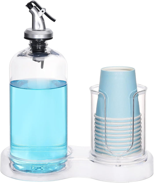 Tbestmax Mouthwash Dispenser - Clear 16oz Pump Bottle with Cup Holder & Tray for Bathroom Organization