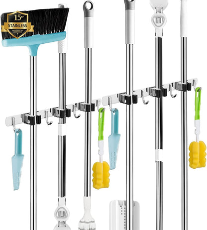 Skiennix Wall Mounted Broom & Mop Holder - Heavy Duty Stainless Steel Organizer | 2 Pack with 3 Racks & 4 Hooks