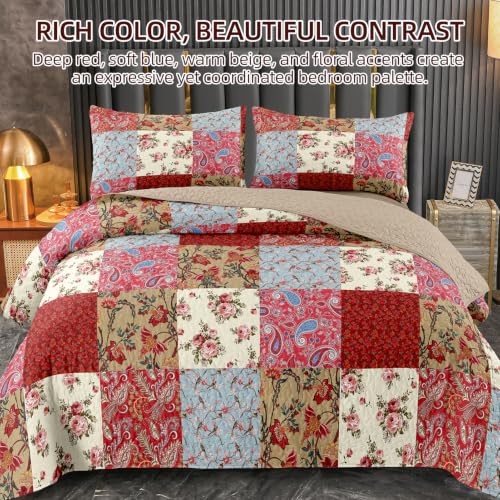 Queen Microfiber Quilt Bedding Set with Pillow Shams, All Season Red Bedspread