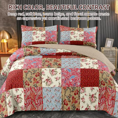 Queen Microfiber Quilt Bedding Set with Pillow Shams, All Season Red Bedspread