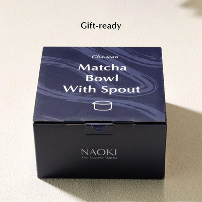 Naoki Matcha Ceramic Chawan Tea Bowl Set - Handmade Black Matte Glaze with Pour Spout - 18 Ounce Capacity