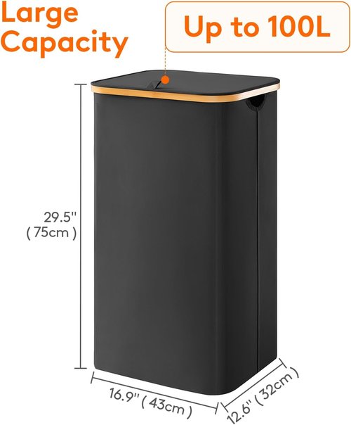 Lifewit 100L Laundry Basket - Foldable Clothes Hamper with Lid & Bamboo Handles | Black