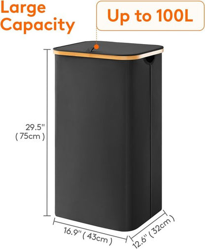 Lifewit 100L Laundry Basket - Foldable Clothes Hamper with Lid & Bamboo Handles | Black