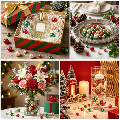225PCS Christmas Vase Filler Beads - Red Green Champagne Gold No Hole Pearls for Decor & DIY Crafts