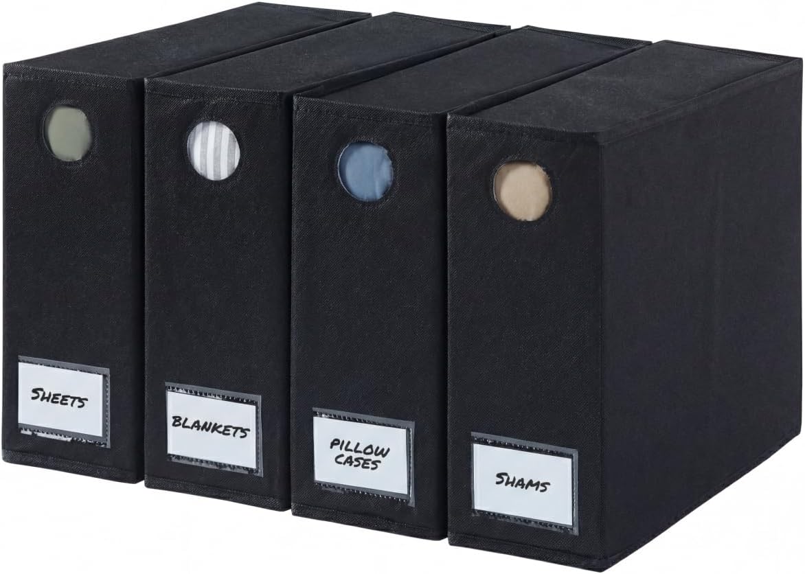 Skiennix Sheet Organizers - Foldable Storage Set for Linen Closet - King & Queen Size - Dustproof Bedding Container - Black
