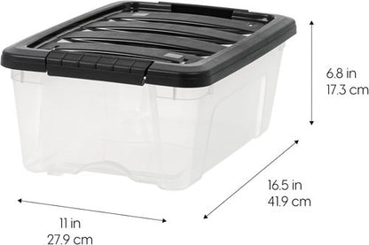 IRIS USA 13 Qt Stackable Storage Bins with Lids - BPA-Free, Durable & Nestable | Clear/Black, 4 Pack