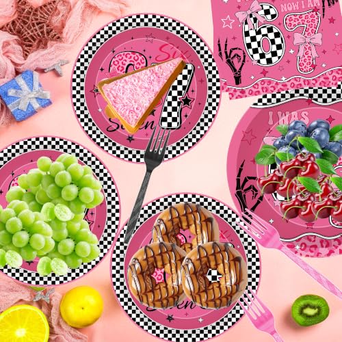 Pink Checkerboard 6-7 Birthday Party Tableware Set - Pink Bow 6-7