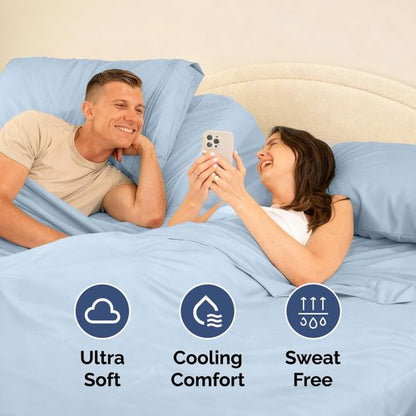 Flex Top Split Head King 4 Piece Sheet Set - Comfy Breathable & Cooling Bed Sheets Set - Hotel Luxury Bedding for Women, Men, Kids, Teens, Boys & Girls - Deep Pockets, Soft and Oeko-Tex - Light Blue