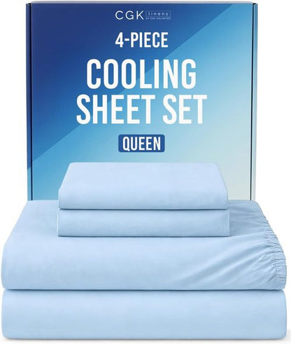 Cooling Sheets Set | Skiennix Queen Size 4-Piece Bedding for Hot Sleepers - Soft, Breathable, Lightweight - Deep Pockets 8" to 16" - Sky Blue