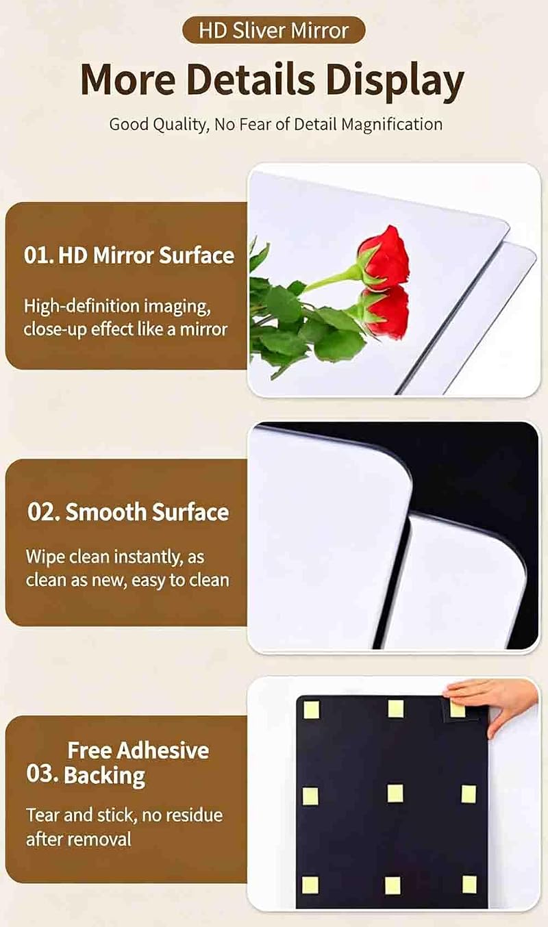 Self-Adhesive Full-Length Mirror Tile, 7.8x12 in, Pliable Acrylic Dress Mirror for Rentals