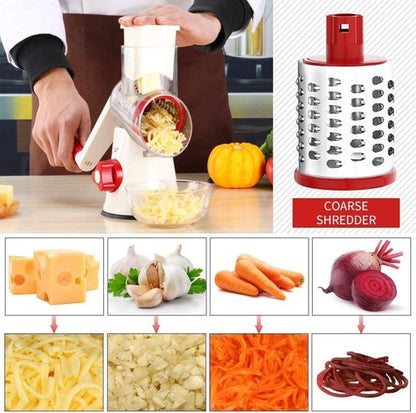 Cambom Rotary Cheese Grater - Hand Crank Shredder for Fresh Cheese, Veggies & Nuts | Red & White with Non-Slip Base