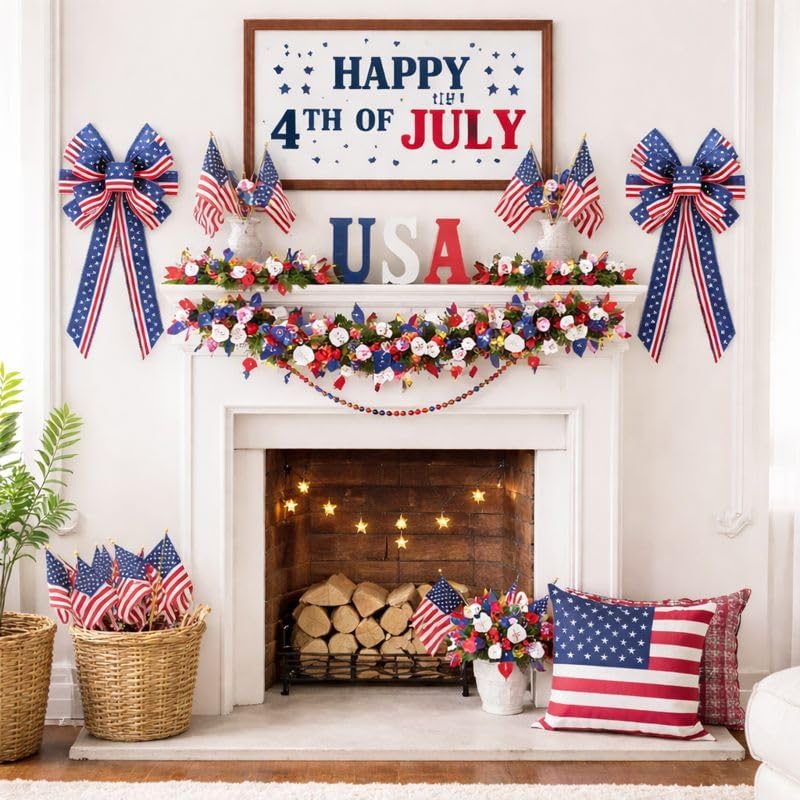 Skiennix Memorial Day Decorations - Patriotic Stripe Stars Wreath Bow for Front Door | Red, White & Blue Decor