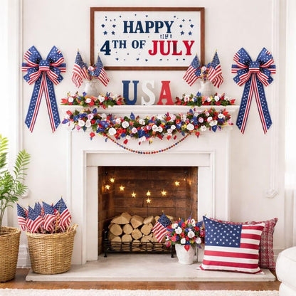 Skiennix Memorial Day Decorations - Patriotic Stripe Stars Wreath Bow for Front Door | Red, White & Blue Decor