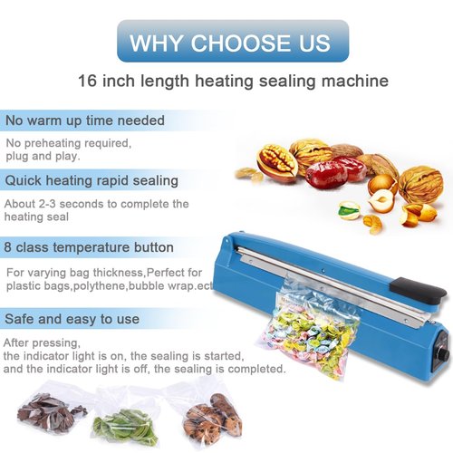 16 Inch Impulse Heat Sealer Machine for Plastic Bags PE PP Bags and Kraft Paper Bag, Cookie Bag Sealer, Manual Poly Bag Hot Seal Sealing Machine with Extra Replace Element Grip