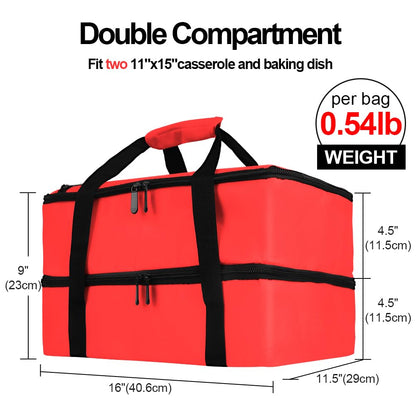 Bodaon 1Pk Insulated Casserole Carrier for Hot or Cold Food, Fits 9"x13" and 11"x15" Baking Dish with Lid, Insulated Food Carriers for Transport, Travel Food Warmer Container Bags (Double Decker, Red)