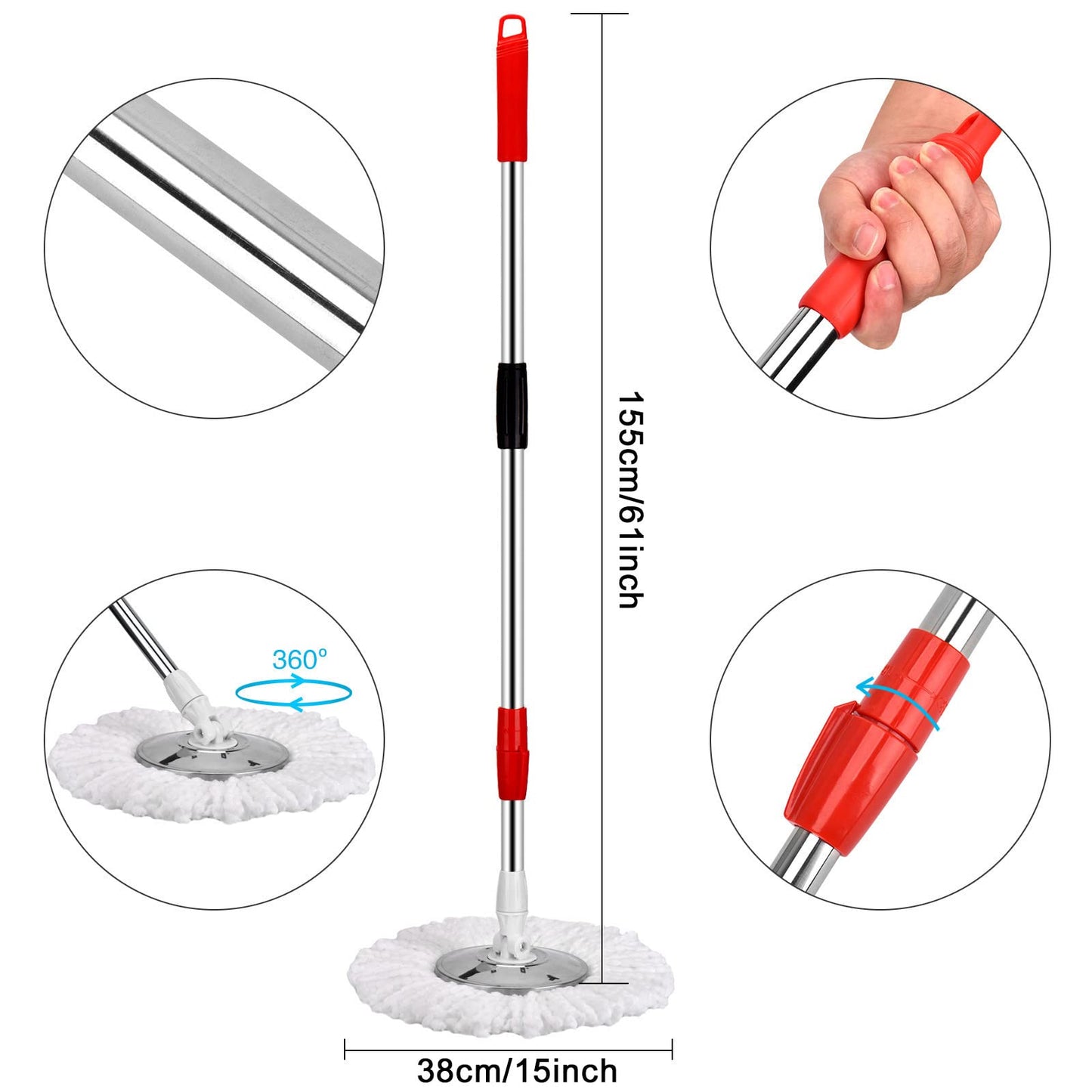 Mop and Bucket Set, 360° Spin Mop and Bucket with Wringer Set and 3 Microfiber Mop Refills, Stainless Steel 61" Extended Handle Spinning Mop Bucket System for Floor Cleaning