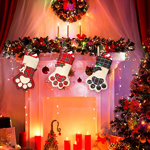Pet Christmas Stockings 3 Pack Plaid Linen Cotton Pet Paw Design Festive Decor