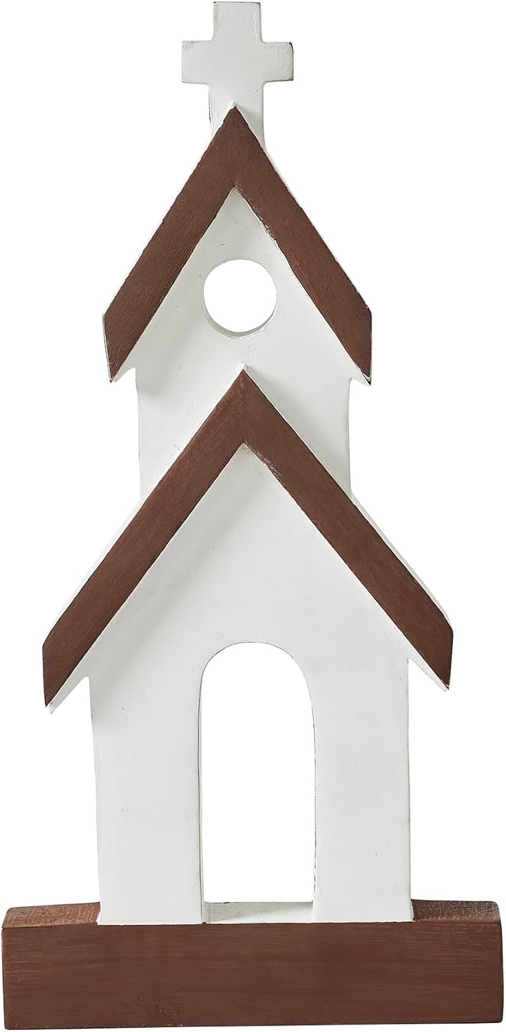 VHC Brands Wooden Church Figurine - Brown Roof Design | 12" x 6" x 1" Size