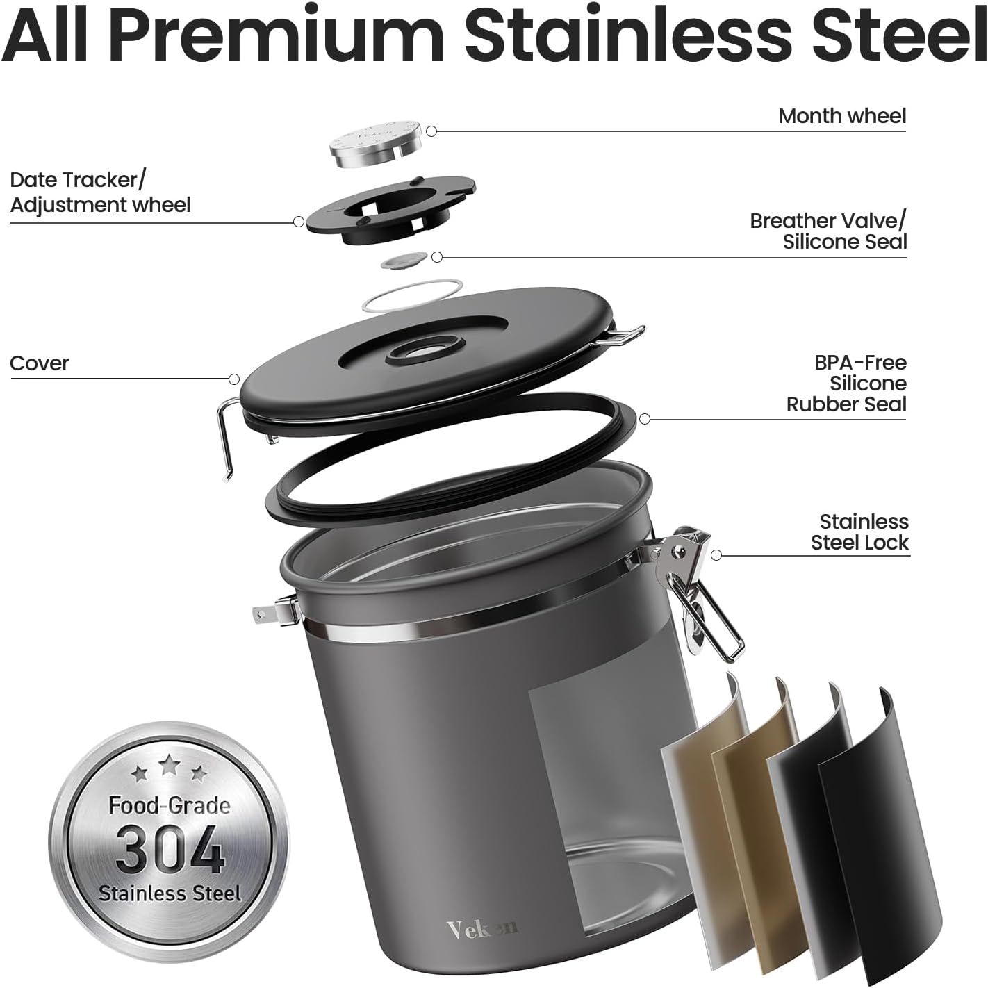 Veken Airtight Coffee Canister - Stainless Steel Food Storage Container with Date Tracker & Scoop | 16oz Gray