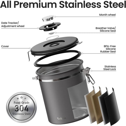 Veken Airtight Coffee Canister - Stainless Steel Food Storage Container with Date Tracker & Scoop | 16oz Gray