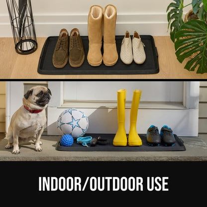 GORILLA GRIP Natural Rubber Indoor Outdoor Boot Tray for Shoes, Waterproof Winter Mat with Raised Edges and Handle, Tear Resistant Heavy Duty Home Garage Floor Mats, Easy Clean Shoe Trays 24x16 Black