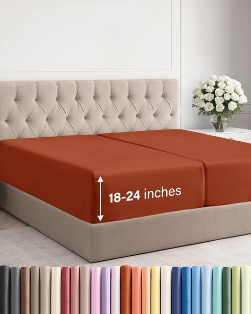 Extra Deep Split King Fitted Sheet - Hotel Luxury Single Fitted Sheet Only - Easily Fits 18 inch to 24 inch Mattress - Ultra Soft, Wrinkle Free w/Extra Deep Pockets - Breathable & Comfy - Terracotta