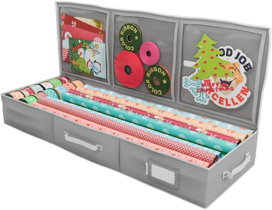Primode Wrapping Paper Storage Container - Gift Wrap Organizer for Under Bed | Holds 18-24 Rolls Up to 40” | Durable 600D Oxford Material | Pockets for Ribbon Bows (Grey)