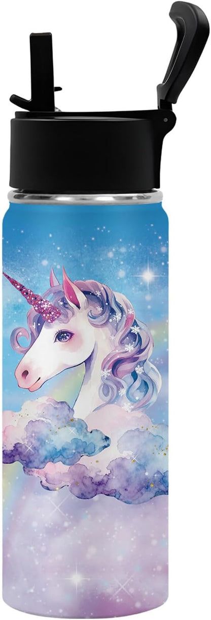 Skiennix Unicorn Water Bottle - 18oz Stainless Steel Insulated Tumbler with 2 Lids & Handle | Leak-Proof Design