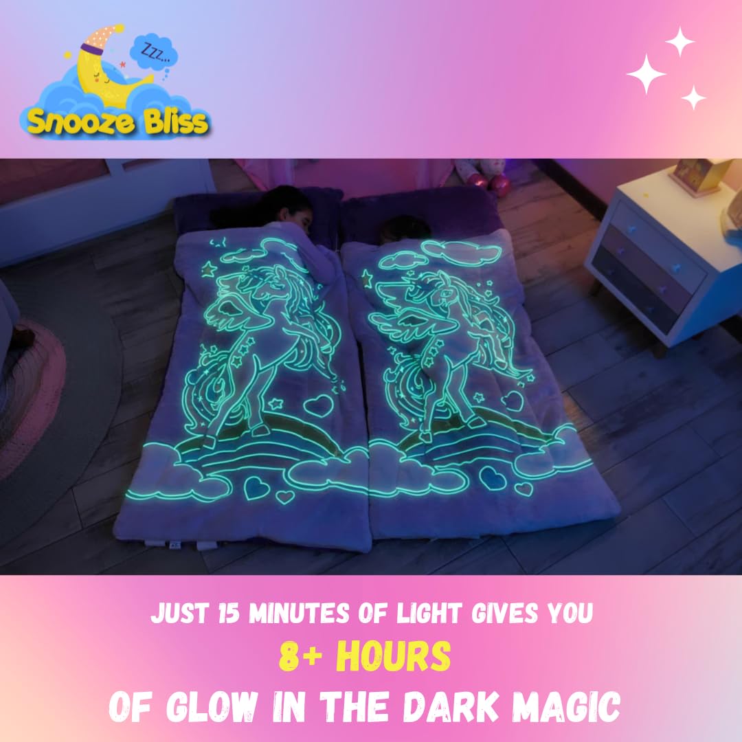 Unicorn Sleeping Bag for Kids – Glow in The Dark Kids Sleeping Bags Make Fun Unicorn Gifts for Girls. Perfect for Sleepovers, Camping, Plush Nap Mat for Preschool, with Pillow Pocket, 8+ Hour Glow