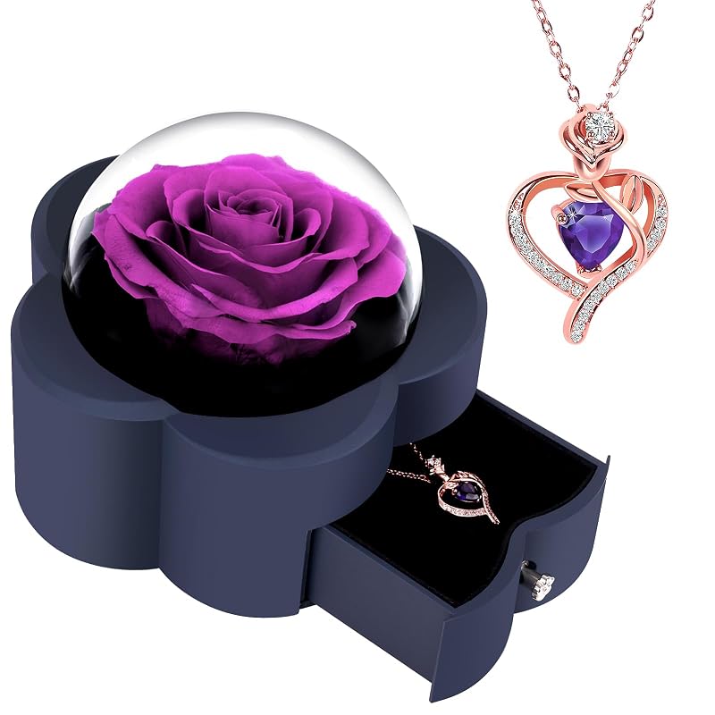 Preserved Rose with Heart Necklace Gift — Purple ONE ROSE