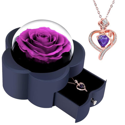 Preserved Rose with Heart Necklace Gift — Purple ONE ROSE