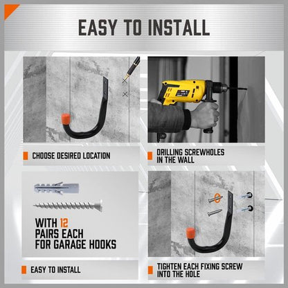HORUSDY Heavy Duty Metal Wall Hooks - 12-Pack for Garage Storage & Organization | Black J Hooks