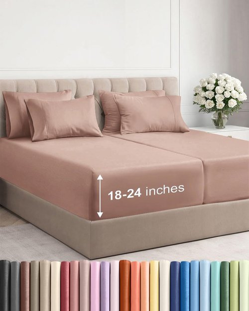 Extra Deep Split King Sheet Set - 7 Piece Breathable and Cooling Sheets - Hotel Luxury Bedding for Women, Men, Kids & Teens - Easy Secure Fit - Soft, Wrinkle Free & Comfy - Extra Deep Pockets - Mauve