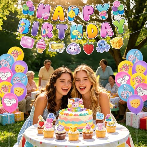 Squishy Birthday Decorations Set with Banner Balloons & Cake Toppers - Variation of Squishy Decorations